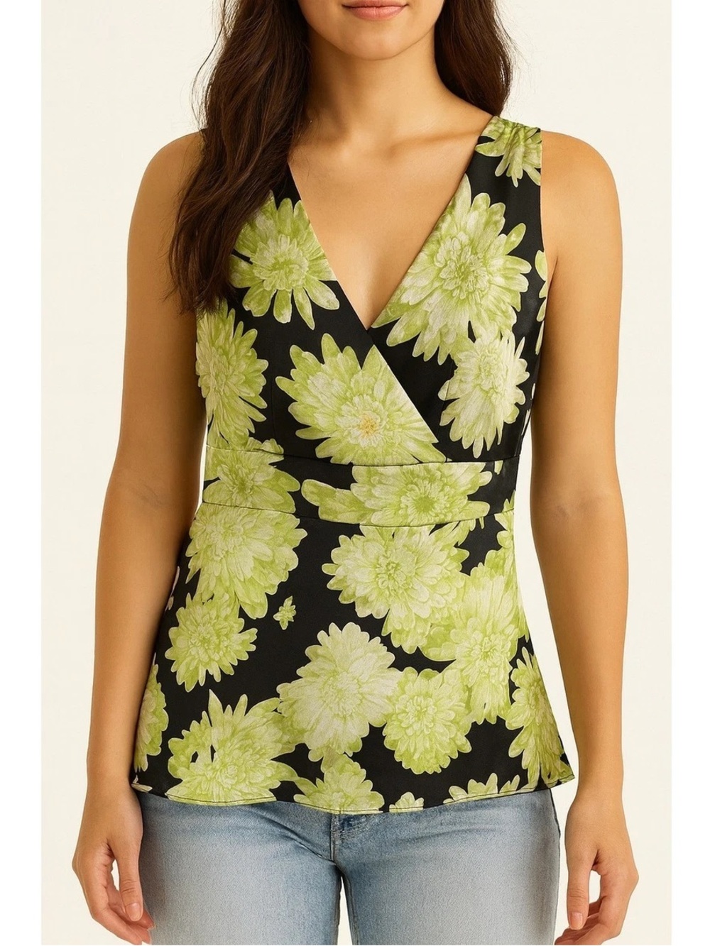 NWOT 100% Silk Sleeveless V-Neck Floral Peplum Top in Lime Green and Black